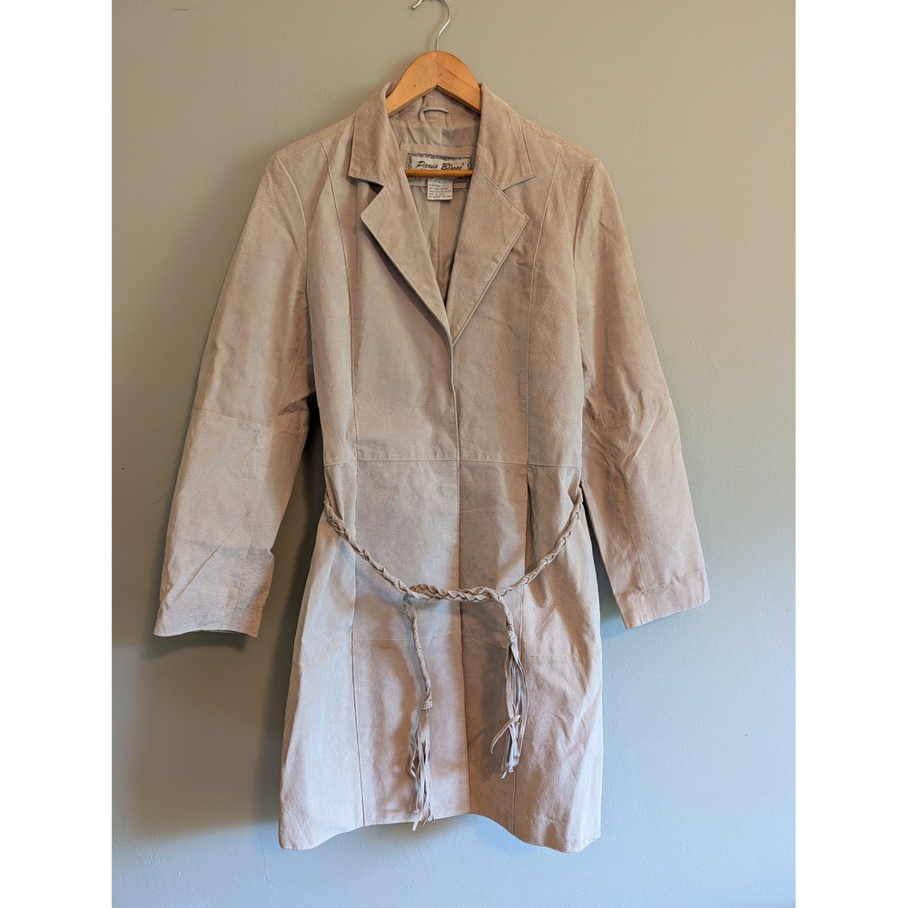 Paris Blues Vintage Tan Suede Leather Trench Coat Braided Belt Lightweight L